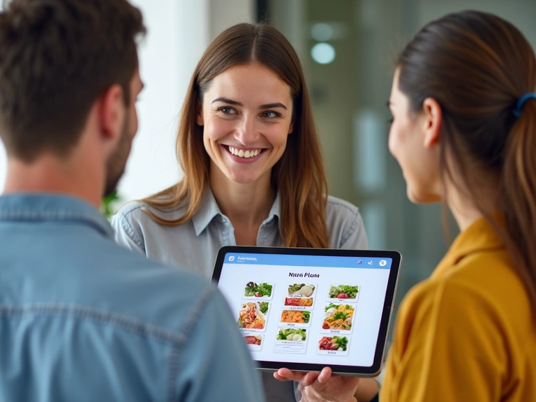 A nutritionist consulting with a client, smiling and pointing to a healthy meal plan on a tablet.