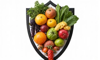 A shield made of fruits and vegetables, symbolizing strong immunity and health protection. No text.
