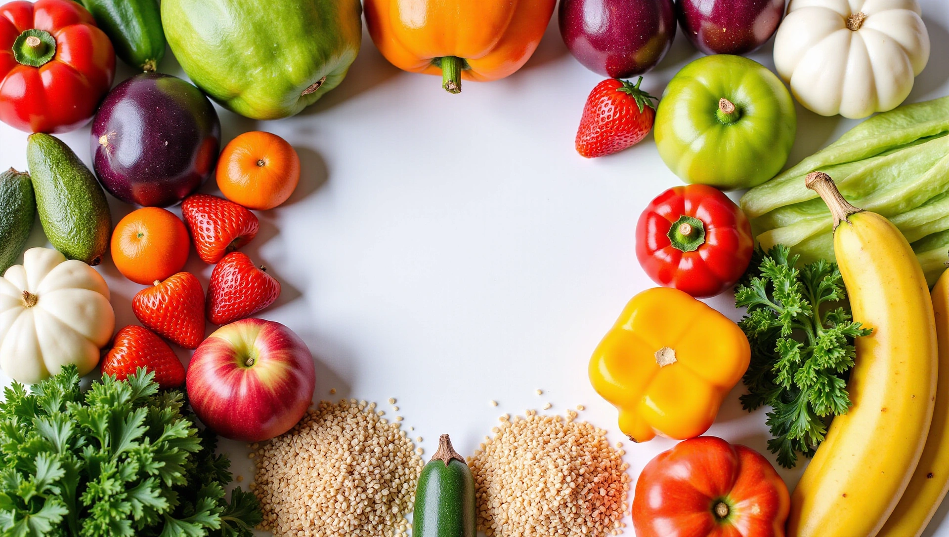 Vibrant image of fresh, healthy ingredients like colorful vegetables, fruits, and grains artfully arranged to suggest a balanced diet, with soft, natural lighting.