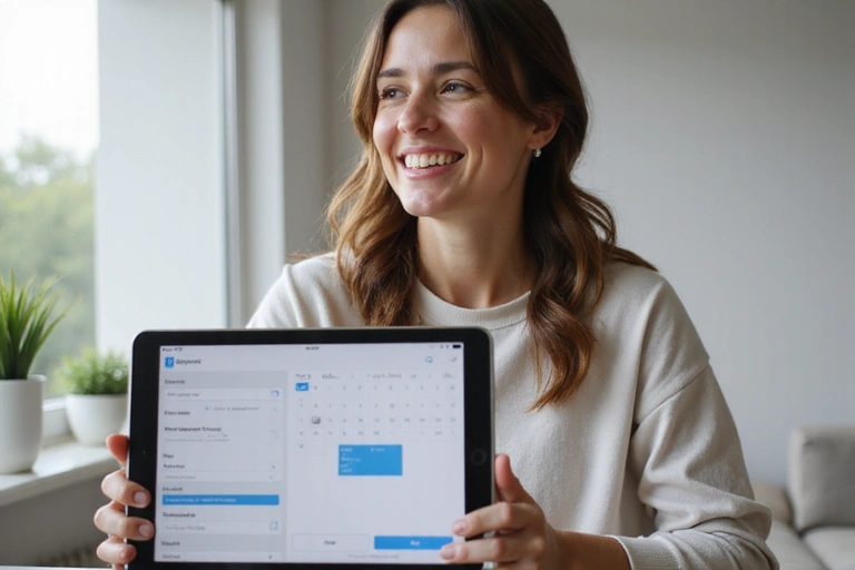 Person happily booking an online consultation on a tablet